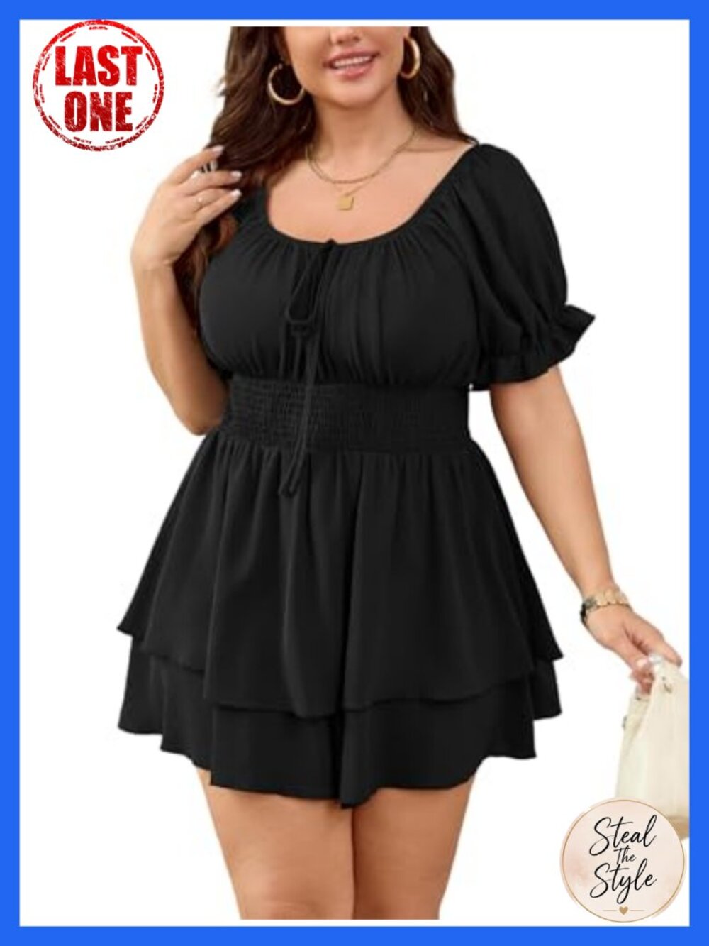 Women's Plus Size Summer Romper Jumpsuit Square Neck Puff Sleeve High Waist